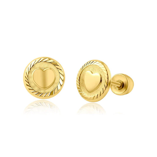 Children's Earrings:  14k Gold Round, Framed Heart Earrings with Screw Backs and Gift Box