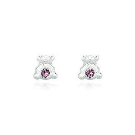 Baby and Children's Earrings:  Sterling Silver Teddy Bear Earrings with Pink CZ