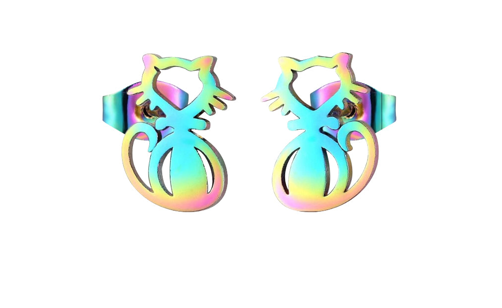 Children's and Teens' Earrings:  Surgical Steel, Hypoallergenic, Rainbow Cat Earrings Age 8 - Adult