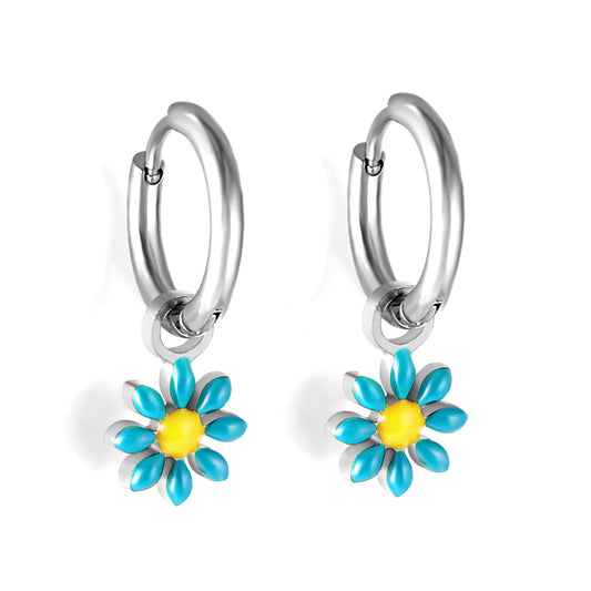 Children's Earrings:  Hypoallergenic Stainless Steel Hoops with Blue/Yellow Flower with Gift Box