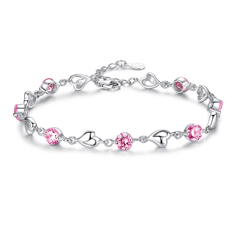 Children's and Teens' Bracelets:  Sterling Silver Pink CZ and Sweetheart Bracelets 16cm