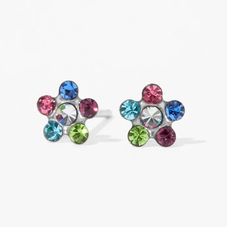 Baby and Children's Earrings:  Hypoallergenic Steel, Flowers with Colourful CZ, with Screw Backs