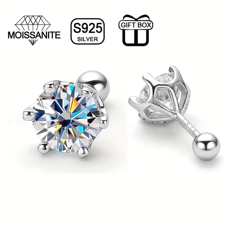 Children's, Teens' and Mothers' Earrings:  Sterling Silver 6 Prong 5mm Moissanite Screw Back Earrings with Gift Box