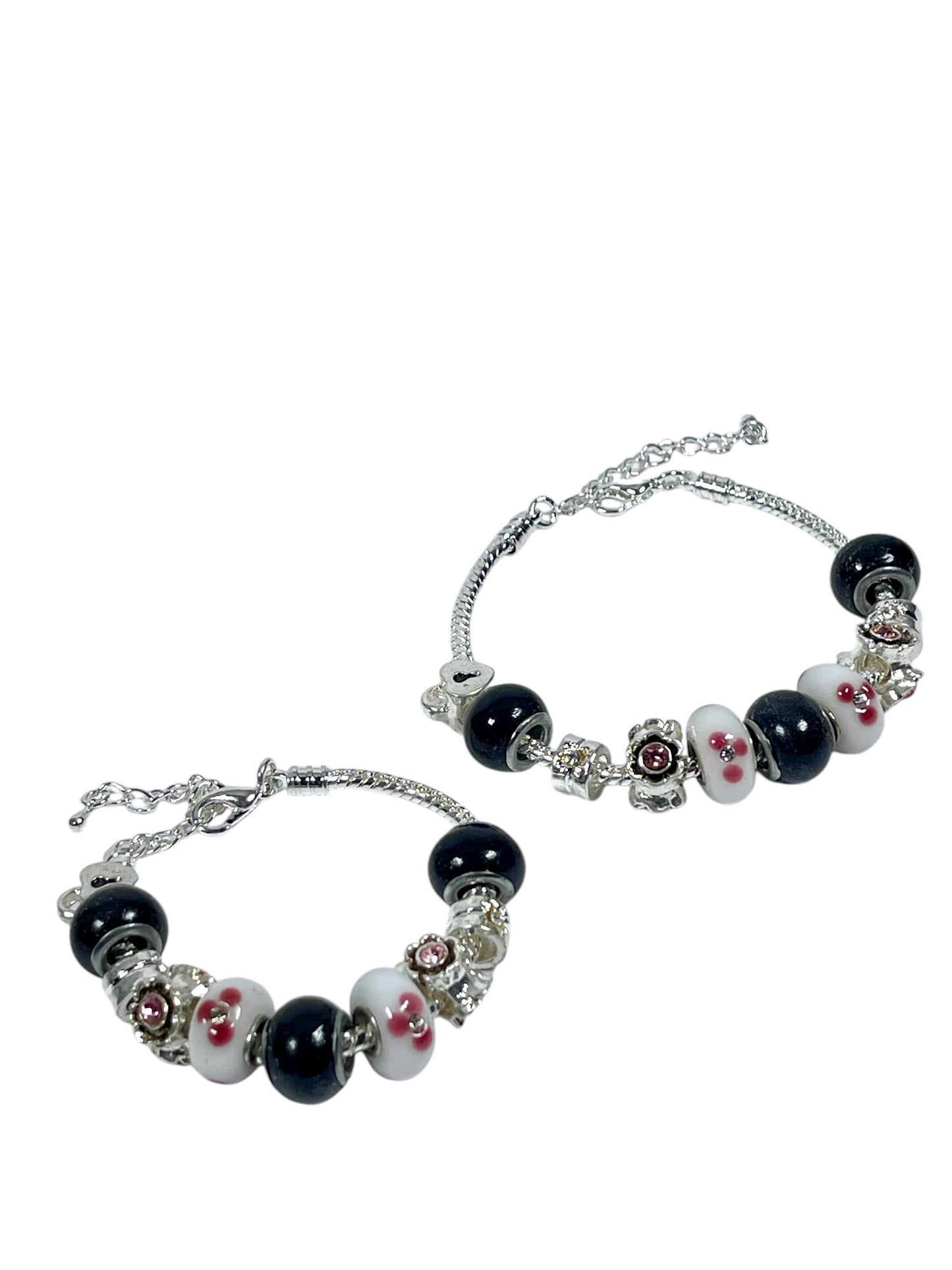 Baby and Children's Bracelets:  European Style Bracelets with Pink, White and Black Lampwork Beads