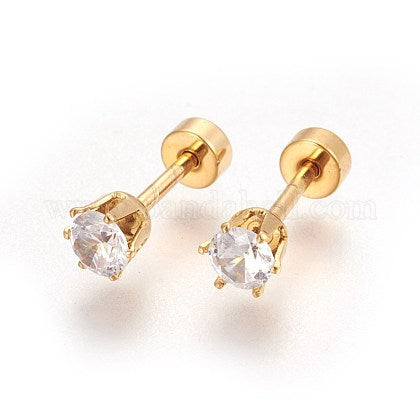 Children's Earrings:   18k Gold over Steel, 6 Prong AAA CZ Studs with Screw Backs and Gift Box