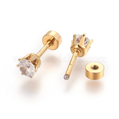 Children's Earrings:   18k Gold over Steel, 6 Prong AAA CZ Studs with Screw Backs and Gift Box