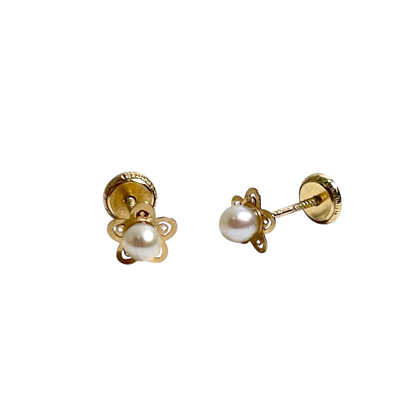 Children's Earrings:  9k Gold Cultured Pearl Flower Earrings with Screw Backs and Gift Box