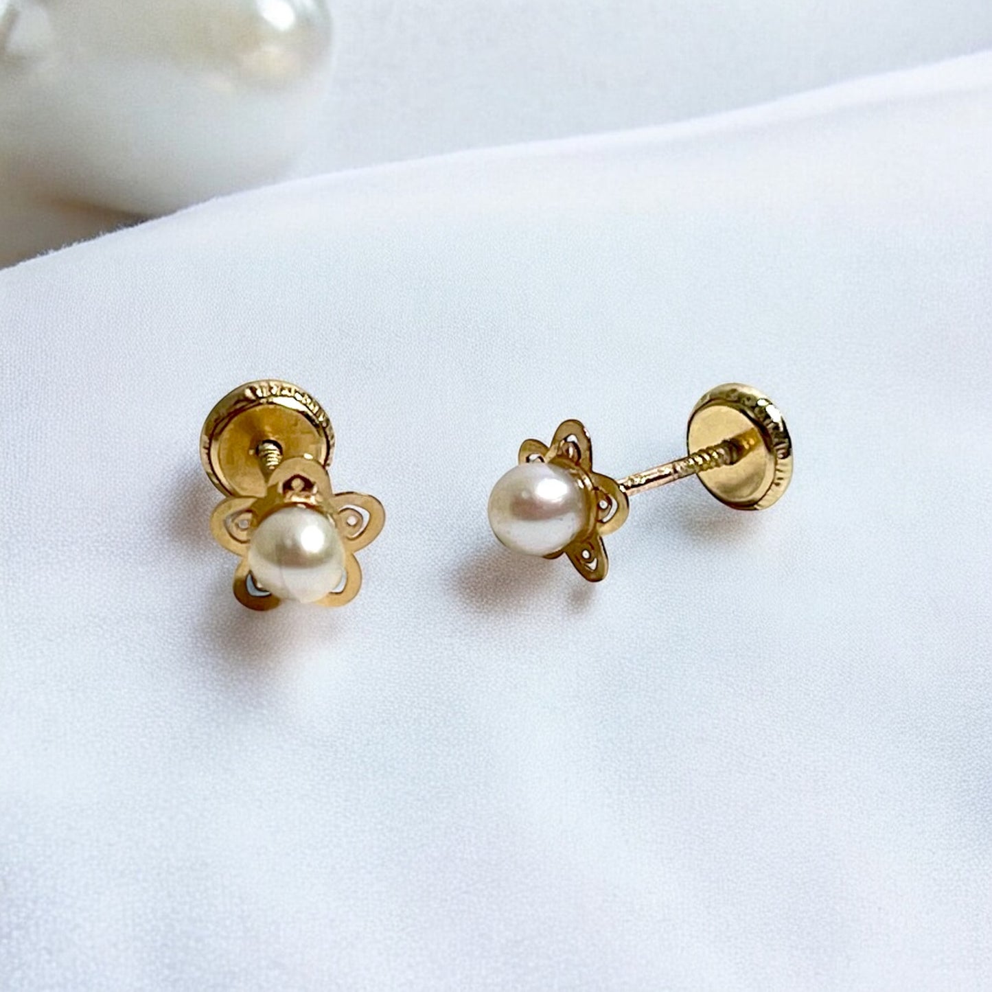 Children's Earrings:  9k Gold Cultured Pearl Flower Earrings with Screw Backs and Gift Box