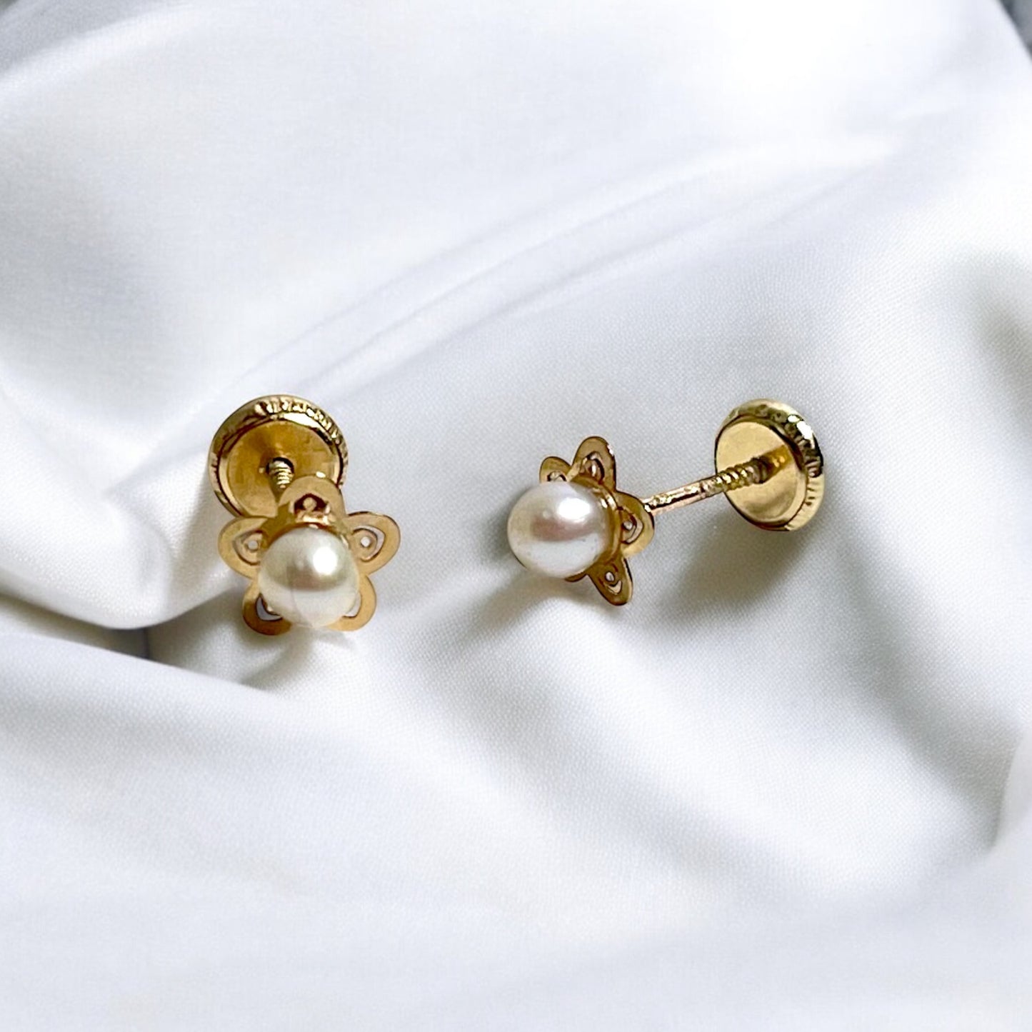 Children's Earrings:  9k Gold Cultured Pearl Flower Earrings with Screw Backs and Gift Box