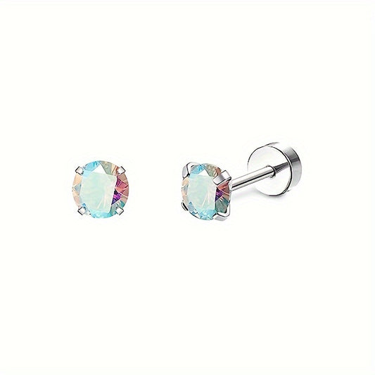 Baby and Children's Earrings:  Hypoallergenic Steel 4mm Aurora Borealis CZ with Screw Backs