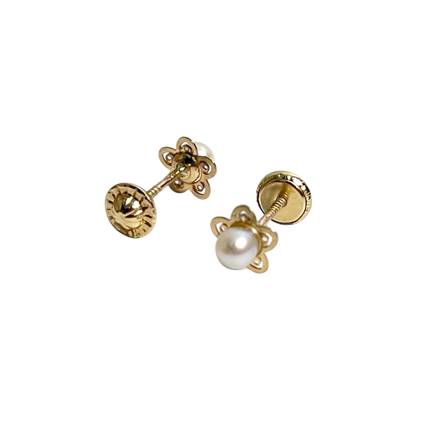 Children's Earrings:  9k Gold Cultured Pearl Flower Earrings with Screw Backs and Gift Box