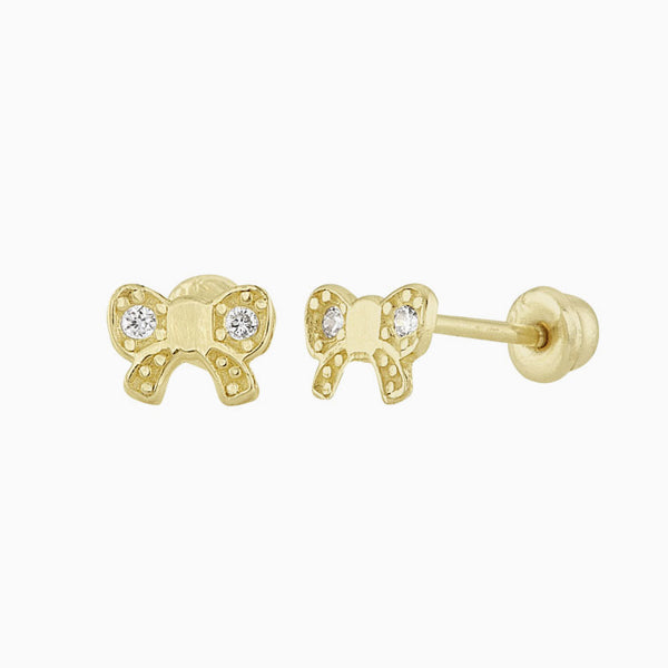 Baby and Children's Earrings:  14k Gold CZ Bows with Screwbacks and Gift Box