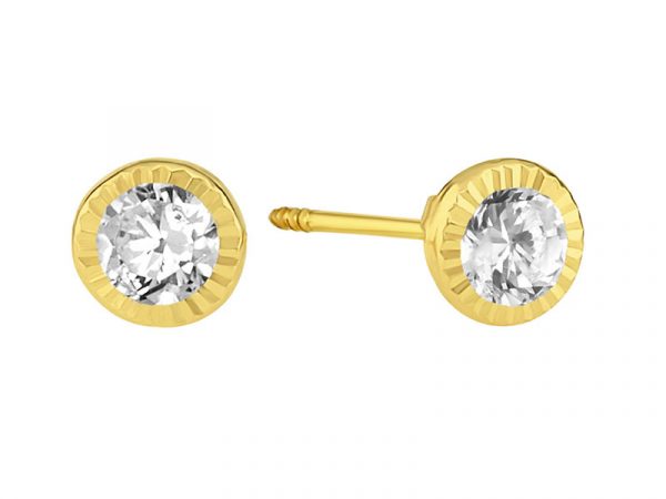 Children's and Teens' Earrings:  14k Gold Crimped, Bezel Framed AAA CZ with Screw Backs and Gift Box