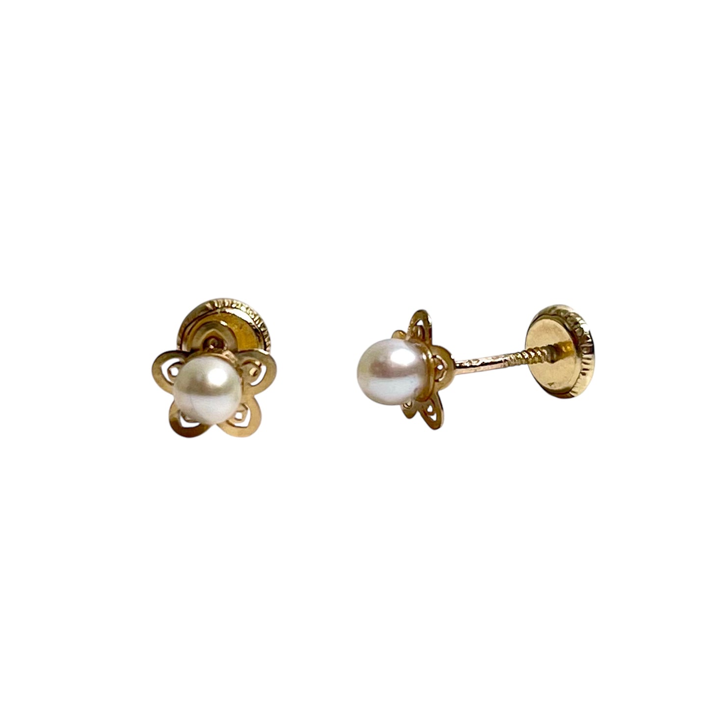 Children's Earrings:  9k Gold Cultured Pearl Flower Earrings with Screw Backs and Gift Box