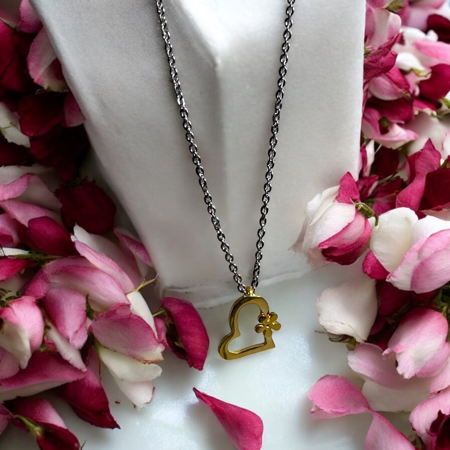 Children's Necklaces:  Surgical Steel with Gold IP Open Hearts and Flowers Necklace on 42 +4cm Chain