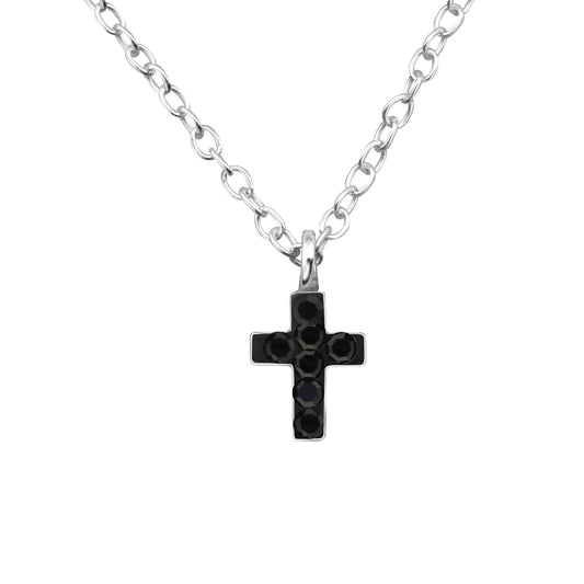 Baby and Toddler Necklace:  Sterling silver 13.5" (34cm) Chain with Jet Crystal Cross and Gift Box NOW HALF PRICE