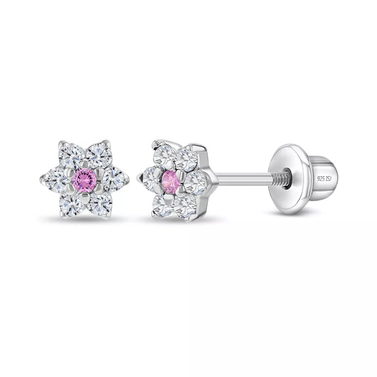 Baby and Children's Earrings:  Sterling Silver White/Pink CZ Flowers with Screw Backs 5mm