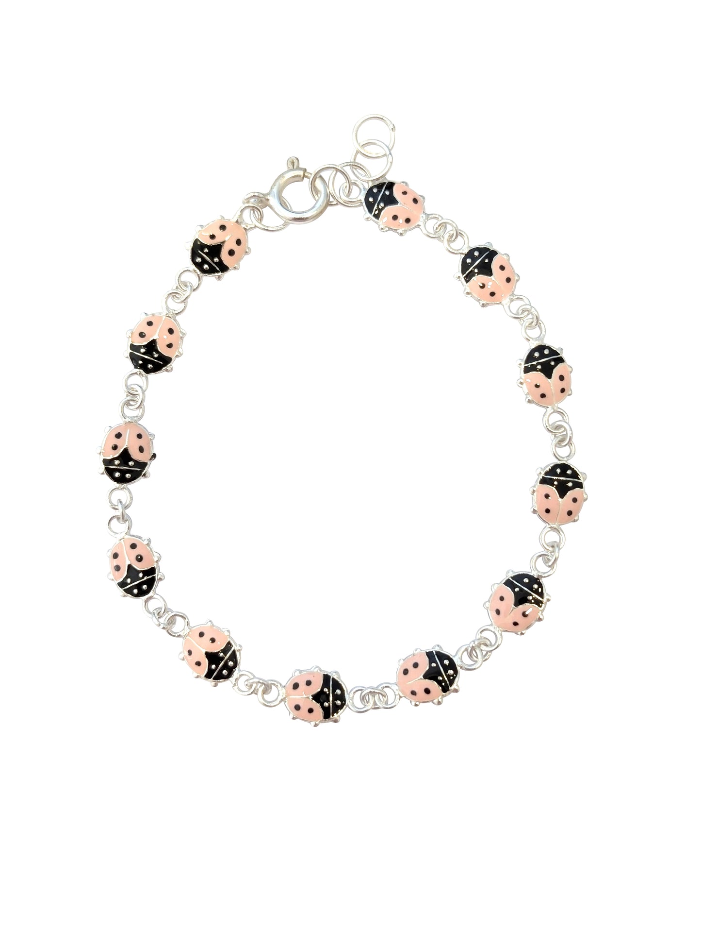 Children's Bracelets:  Sterling Silver Pink Ladybug Bracelet 15cm, 1.5cm Extension with Gift Box