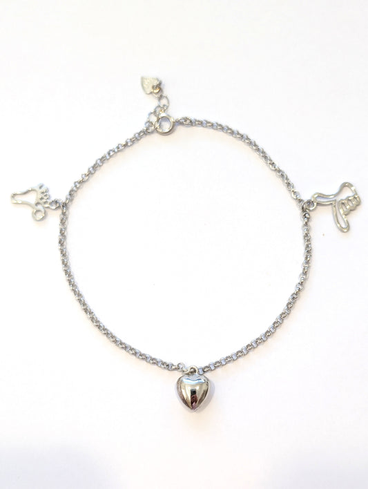 Children's Anklets:  Sterling Silver Anklets with Hand, Foot and Heart NOW HALF PRICE