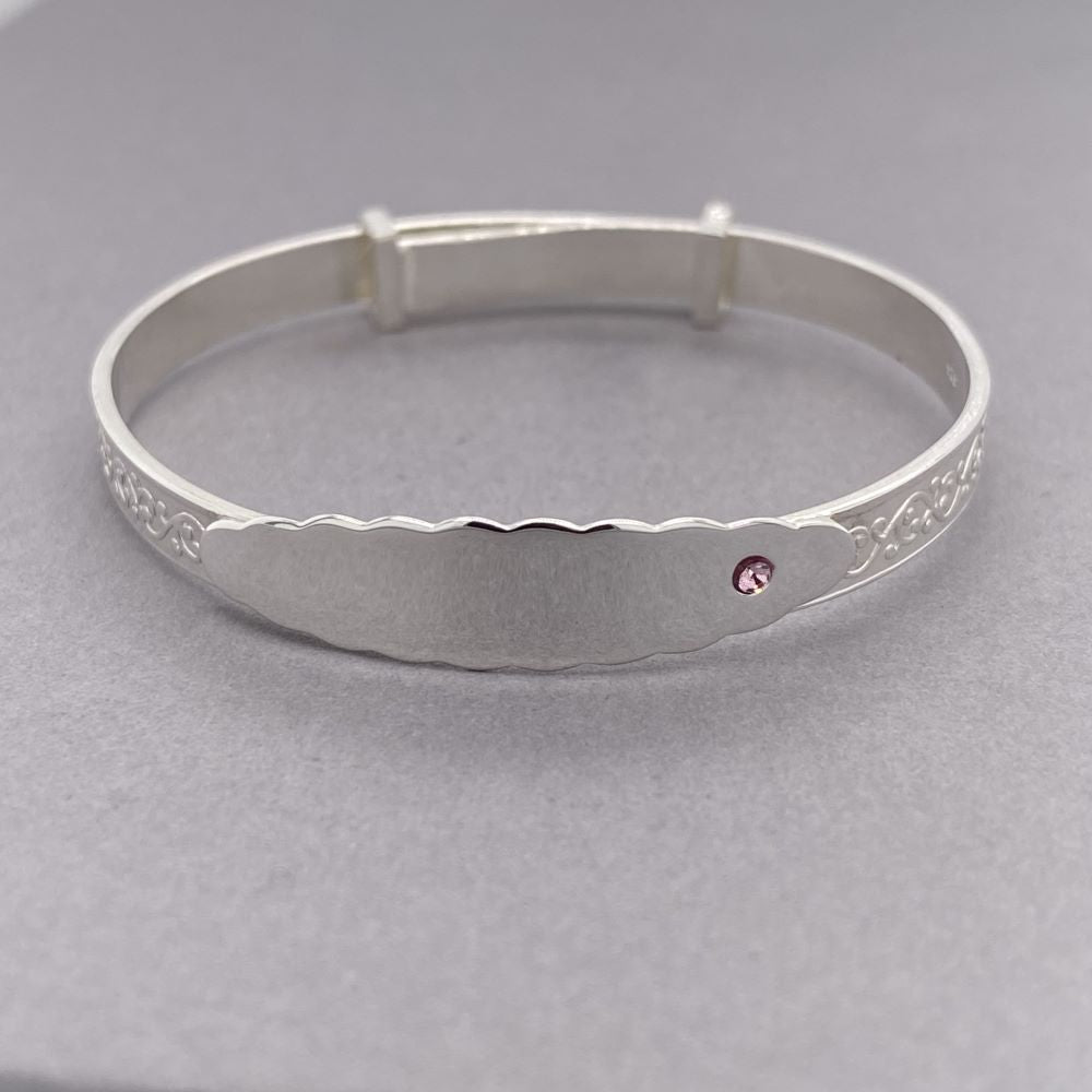 Baby Bangles:  Sterling Silver Embossed ID Bangle with Pink CZ Newborn - 18 months with Gift Box