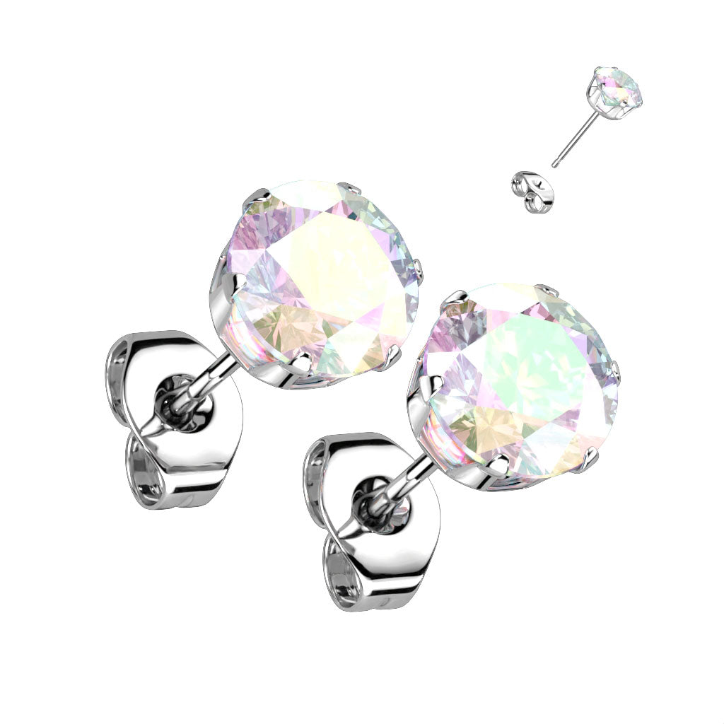 Children's, Teens' Mothers' Earrings:  Surgical Steel AAA Aurora Borealis CZ 6 Prong Studs 5mm