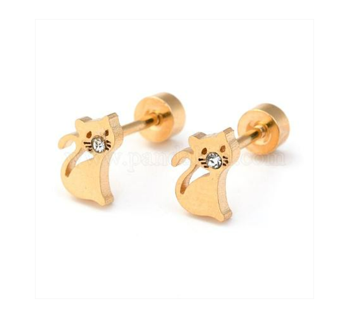 Baby and Children's Earrings:  Stainless Steel, Gold IP, Pussy Cat Earrings with Single Crystal, with Screw Backs