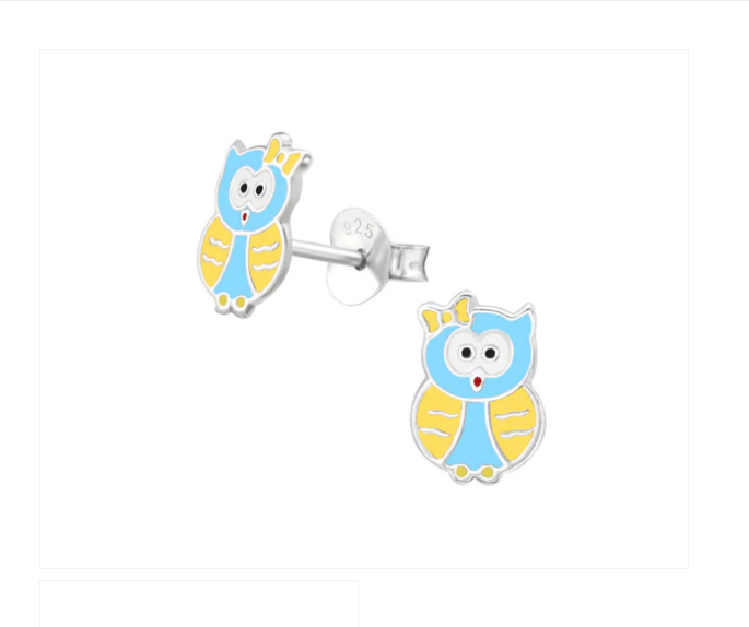 Children's Earrings:  Sterling Silver Yellow and Blue Owls
