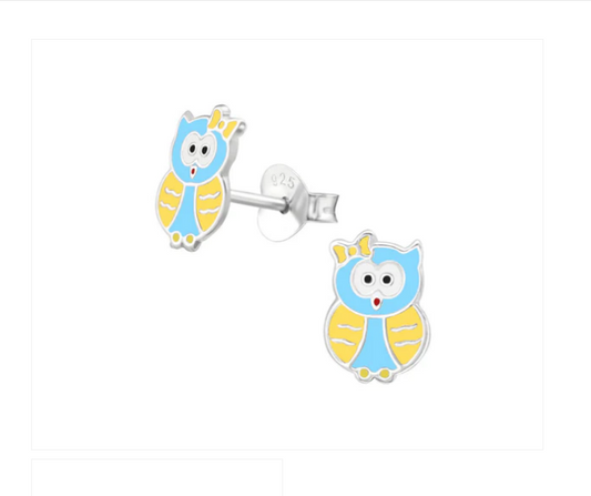 Children's Earrings:  Sterling Silver Yellow and Blue Owls