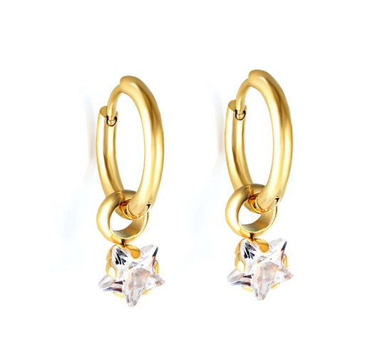 Children's, Teens' and Mothers' Earrings:  Steel (316) with Gold IP, 12mm Hoops with Clear CZ Stars