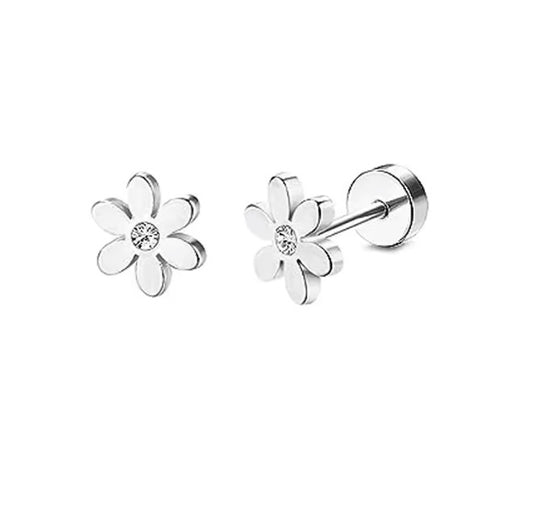 Baby and Children's Earrings:  Surgical Steel 4.5mm Flowers with Clear CZ with Screw Backs