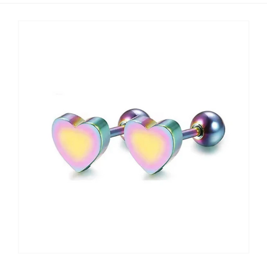 Children's and Teens' Earrings:  Surgical Steel Anodised (Rainbow) Simple Hearts with Screw Backs