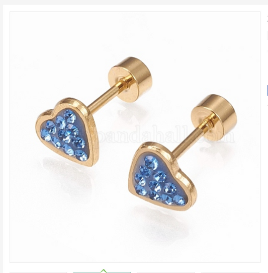 Children's Earrings:  Surgical Steel with Gold IP Sparkly Hearts with Screw Backs in 6 Colours