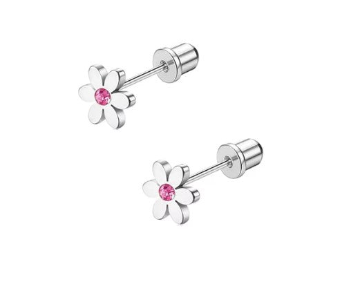 Baby and Children's Earrings:  Surgical Steel Flowers with Pink CZ centres, with Screw Backs