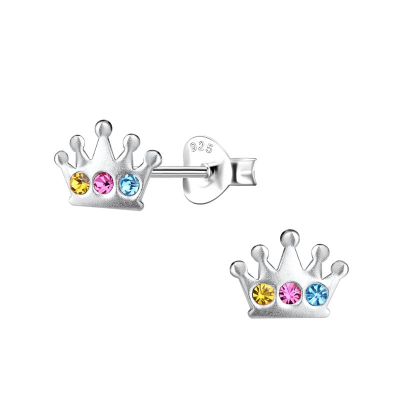 Children's Earrings:  Sterling Silver, CZ Princess Crowns with Gift Box