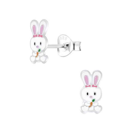 Baby and Children's Earrings:  Sterling Silver White Bunnies