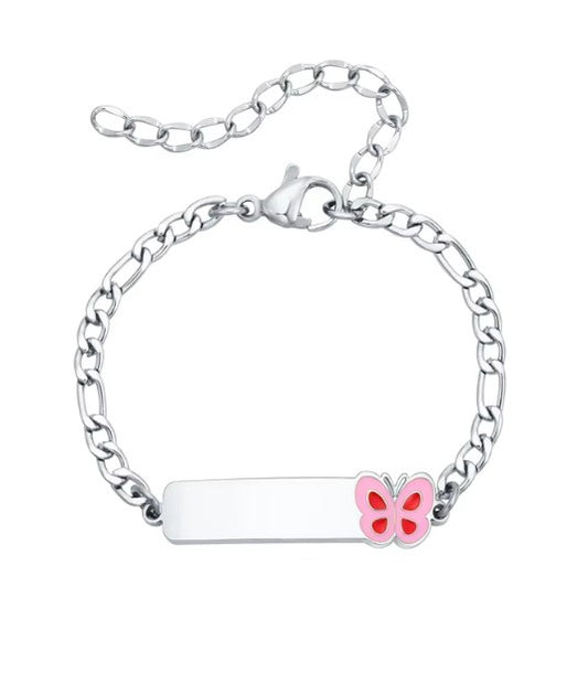 Baby and Children's Bracelets:  Polished Steel wiith Pink Butterfly