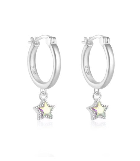 Children's and Teens' Earrings:  Sterling Silver French Lock Hoops with Aurora Borealis Stars