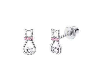 Children's, Teens' and Mothers' Earrings:  Surgical Steel Pink CZ Cats with Screw Backs