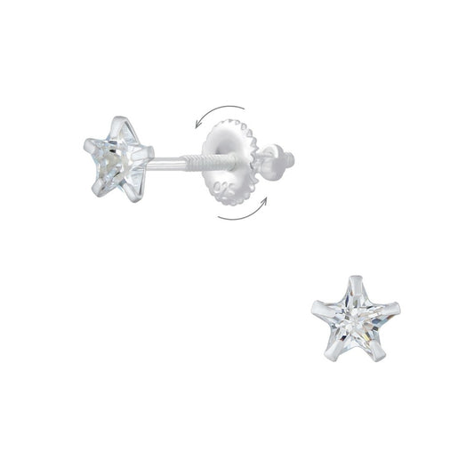 Children's Earrings:  Sterling Silver Clear Star CZ Studs with Screw Backs and Gift Box