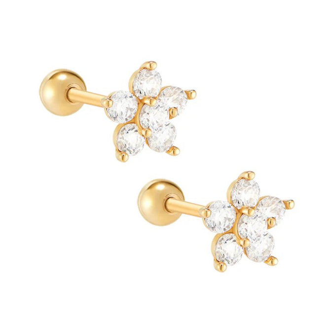 Children's Earrings:  Surgical Steel with Gold IP, Clear CZ Flowers with Screw Backs