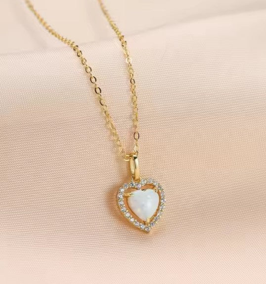 Children's, Teens' and Mothers'Necklaces:  14k Gold over Sterling Silver White Fire Opal Heart Halo Necklaces with Gift Box