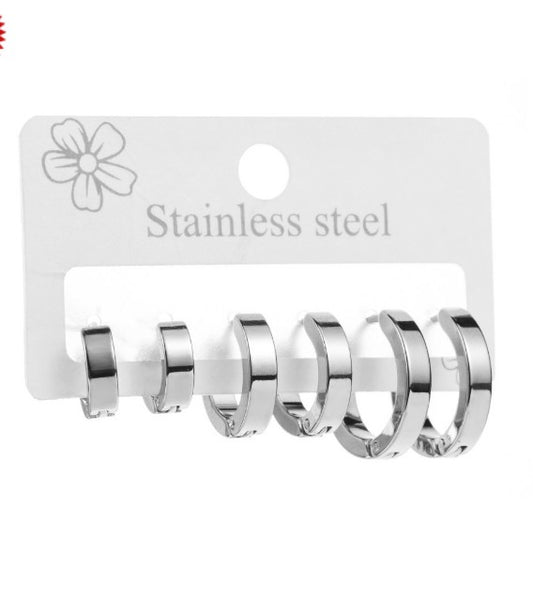 Children's, Teens' and Mothers' Earrings:  Set of 3 Pairs of Stainless Steel Huggie Hoops - Family Pack