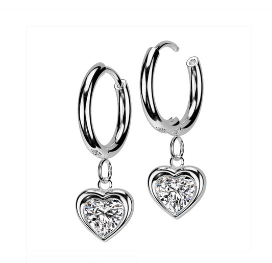 Children's, Teens' and Mothers' Earrings:  Hypoallergenic Surgical Steel Hoops with CZ Hearts with Gift Box