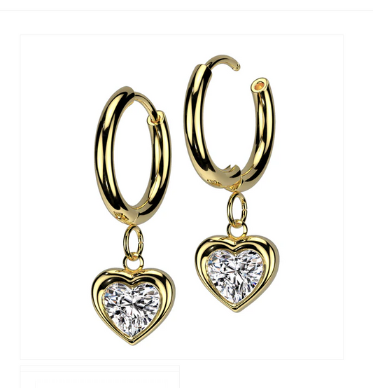 Children's, Teens' and Mothers' Earrings:  Hypoallergenic Surgical Steel, Gold IP Hoops with CZ Hearts and Gift Box