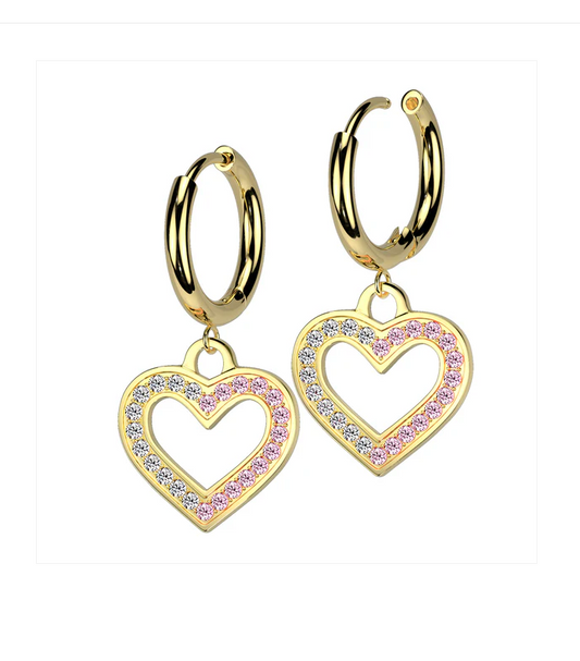 Children's, Teens' and Mothers' Earrings:  Surgical Steel with Gold IP Hoops with Pink and White CZ Open Hearts and Gift Box