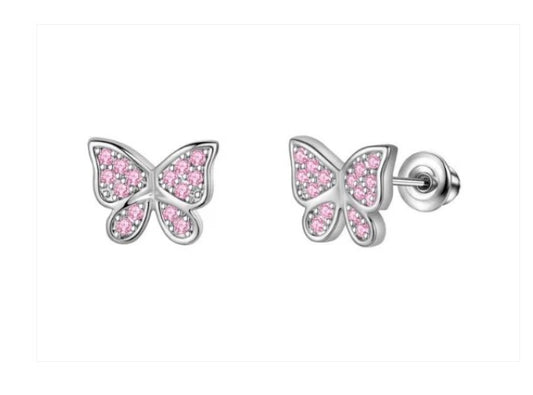 Children's, Teens' and Mothers' Earrings:  Surgical Steel Pink CZ Butterflies with Screw Backs