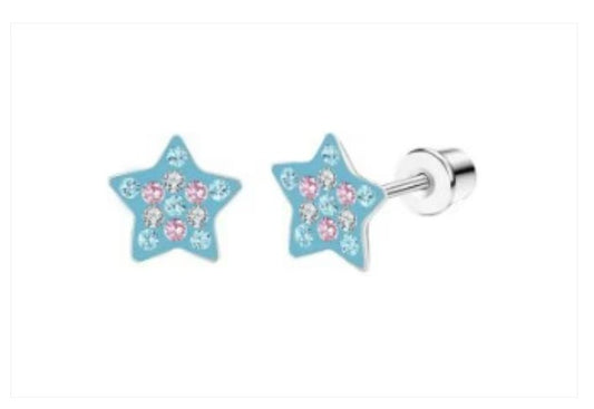 Children's and Teens' Earrings:  Hypoallergenic Surgical Steel Blue and Pink CZ Stars with Screw Backs