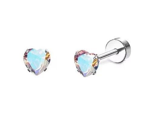 Children's Earrings:  Hypoallergenic Steel, Aurora Borealis CZ Hearts with Screw Backs