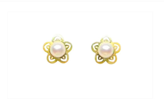 Children's Earrings:  9k Gold Cultured Pearl Flower Earrings with Screw Backs and Gift Box