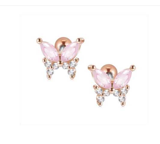 Children's Earrings:  Surgical Steel with Rose Gold IP CZ Butterflies with Screw Backs